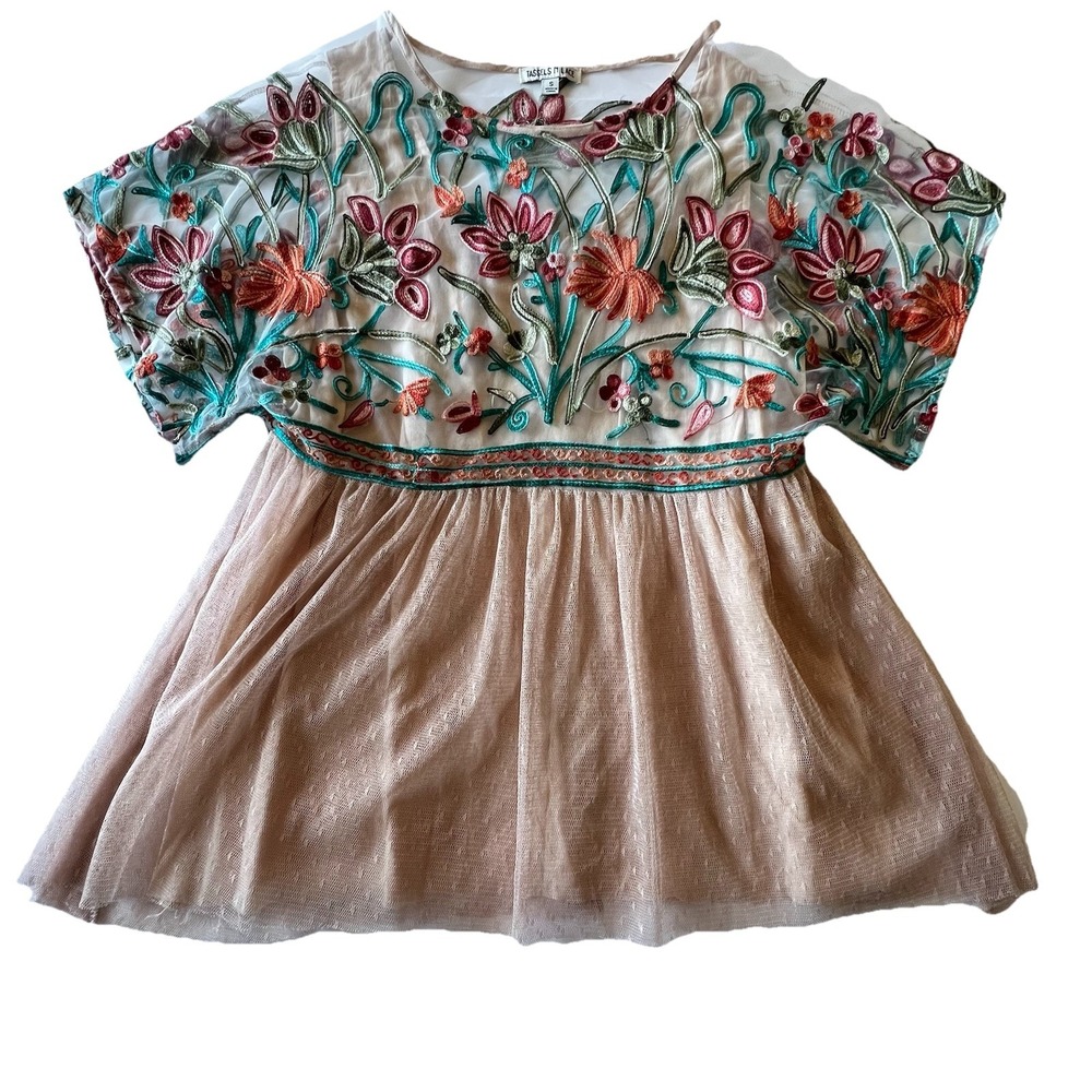 Tassels N Lace embroidered floral Tulle tunic top Sz S boho‎ neutral Mesh Artsy